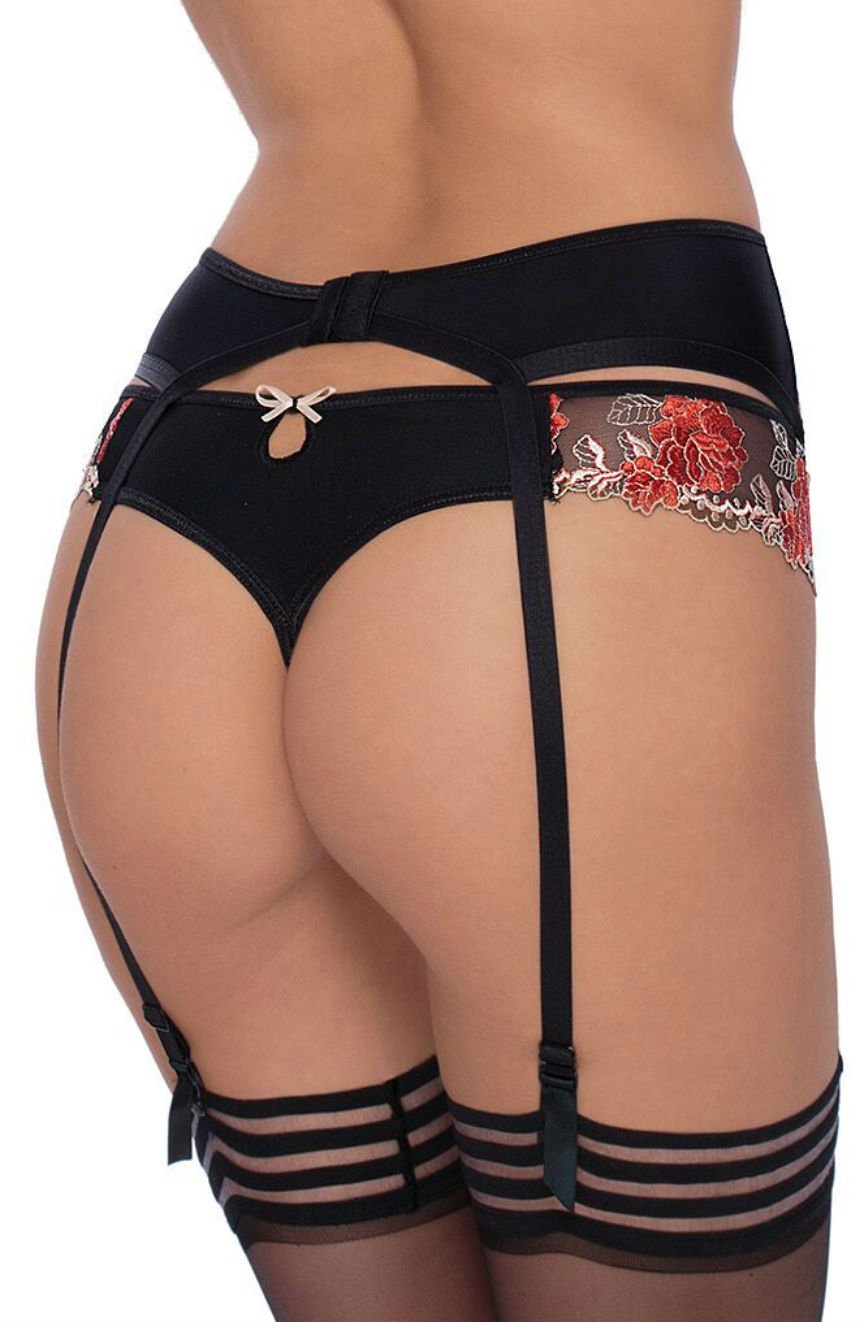 Natali Suspender Belt with Floral Detail in Black - RubyV Lingerie