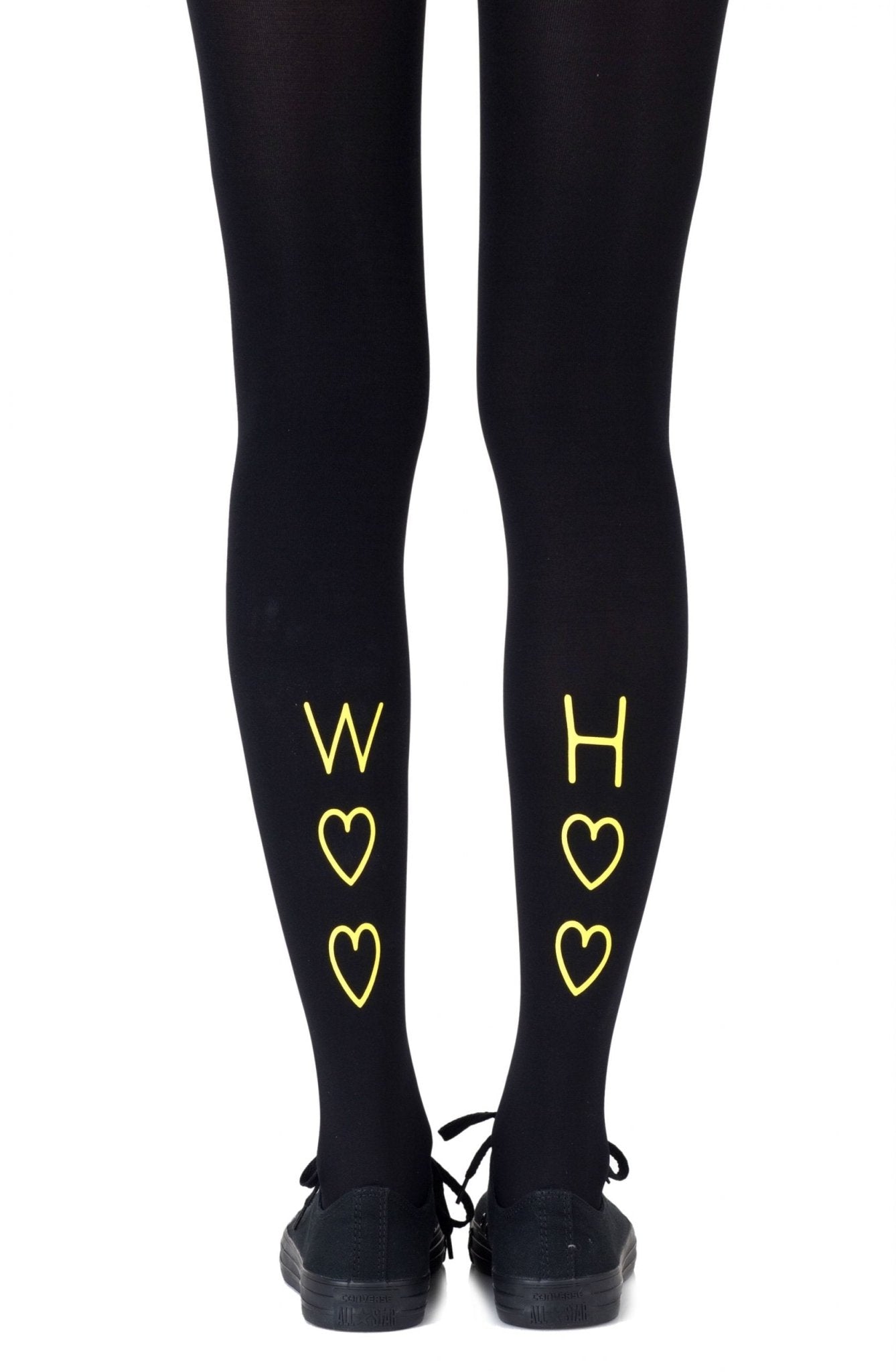 Party In The Back/Front Print Tights - Black/Yellow - 120 Denier - Print Tights - RubyV Lingerie