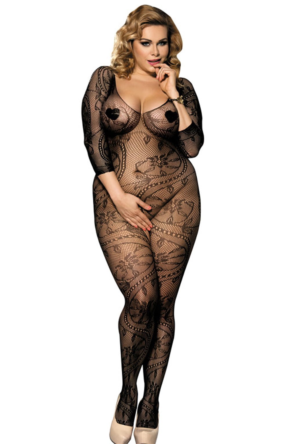 Three Quarter Sleeve Patterned Bodystocking in Black (Plus) - Bodystocking - RubyV Lingerie