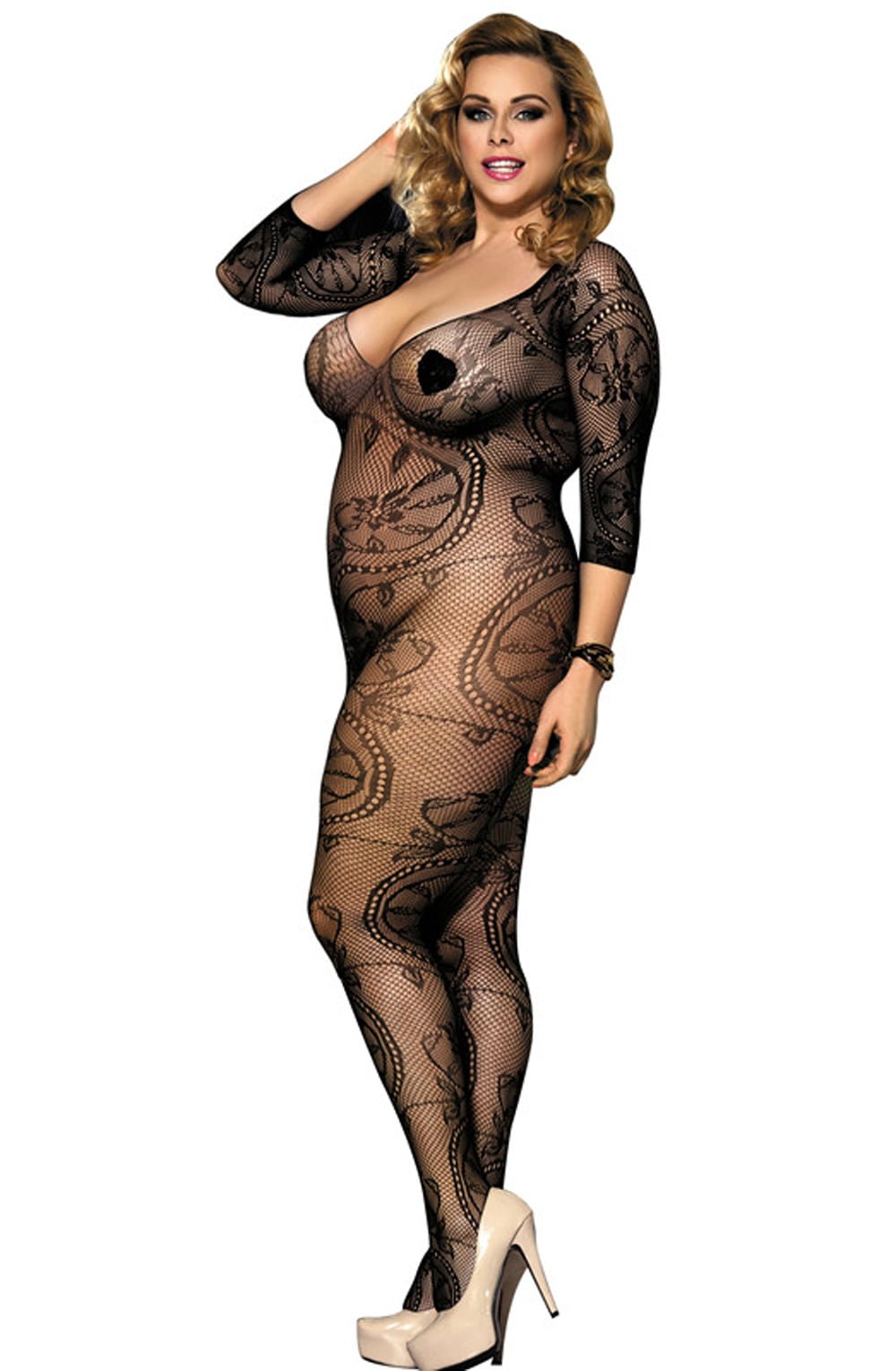 Three Quarter Sleeve Patterned Bodystocking in Black (Plus) - Bodystocking - RubyV Lingerie