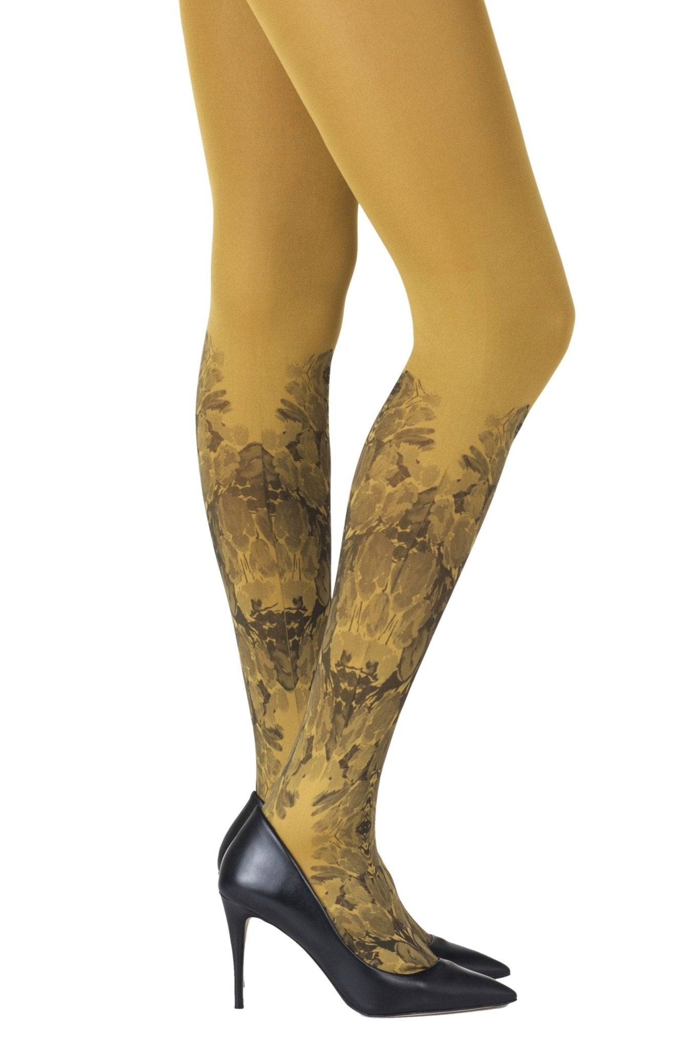 Totally Tulip Print Tights - Mustard/Black - 120 Denier - Print Tights - RubyV Lingerie